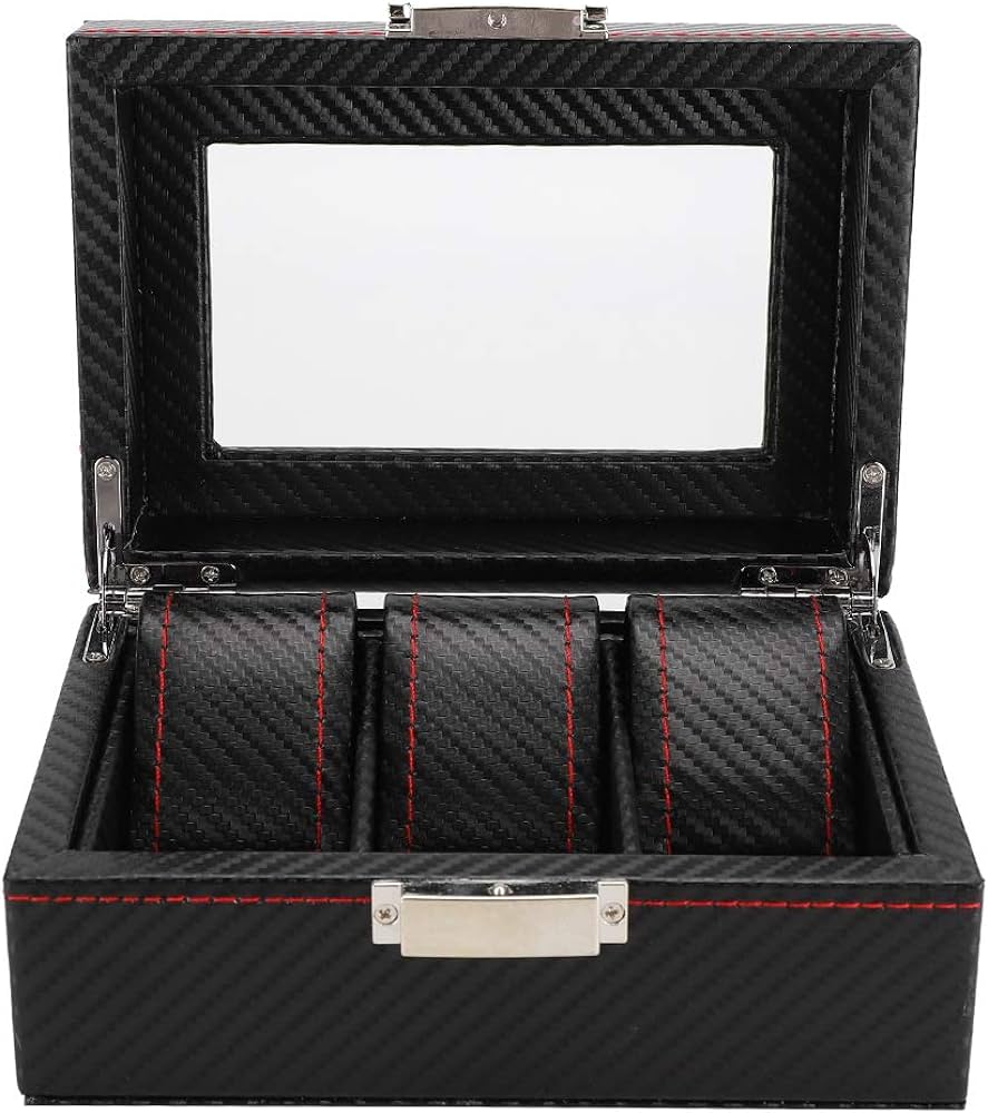3 Slot Watch Box Organizer Carbon Fiber Look PU Leather