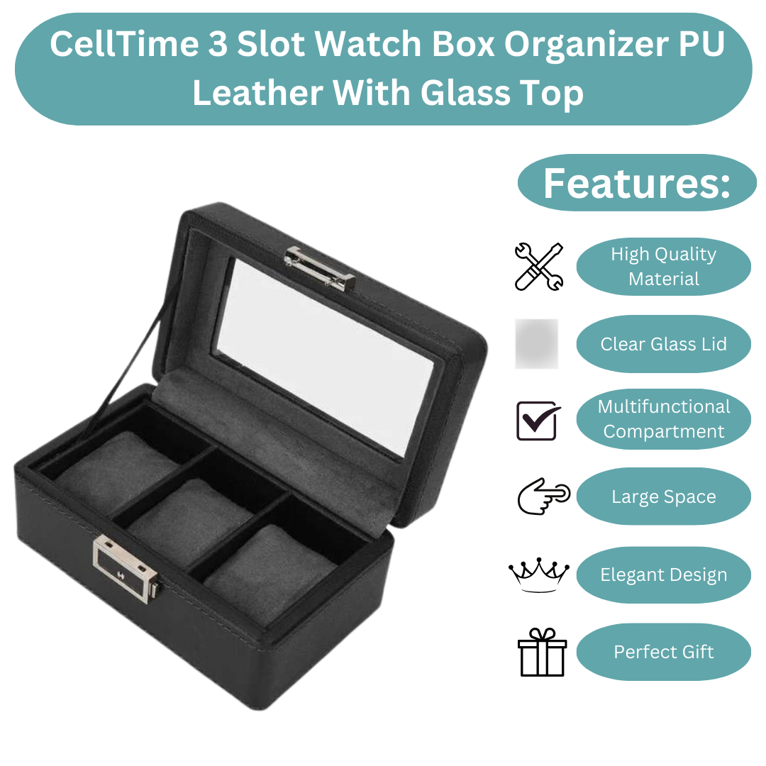 3 Slot Watch Box Organizer PU Leather With Glass Top