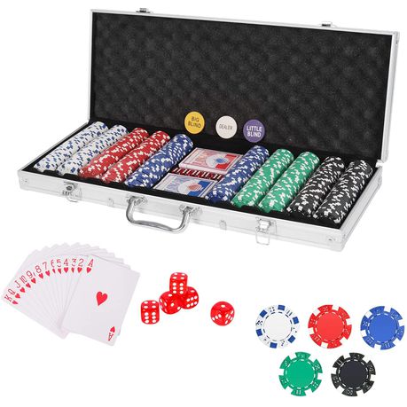 Poker Set 500 Pieces with Aluminum Case, 2 Decks of Cards, 5 Dice, Dealer Button (Packaging Damaged)