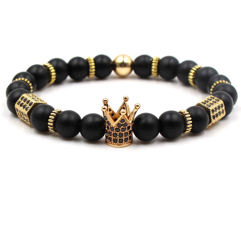 Argent Craft Natural Black Matte Agate Bracelet with King Crown, Die & Ball (Gold)