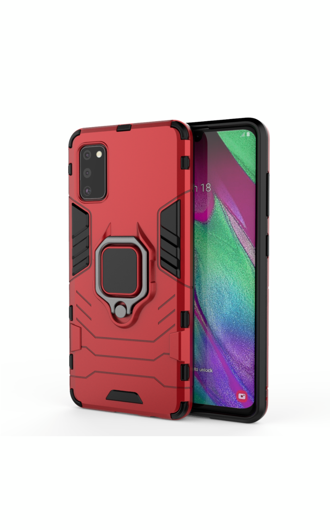 Samsung Galaxy A31 Shockproof Black Panther Magnetic Ring Stand Cover - Red