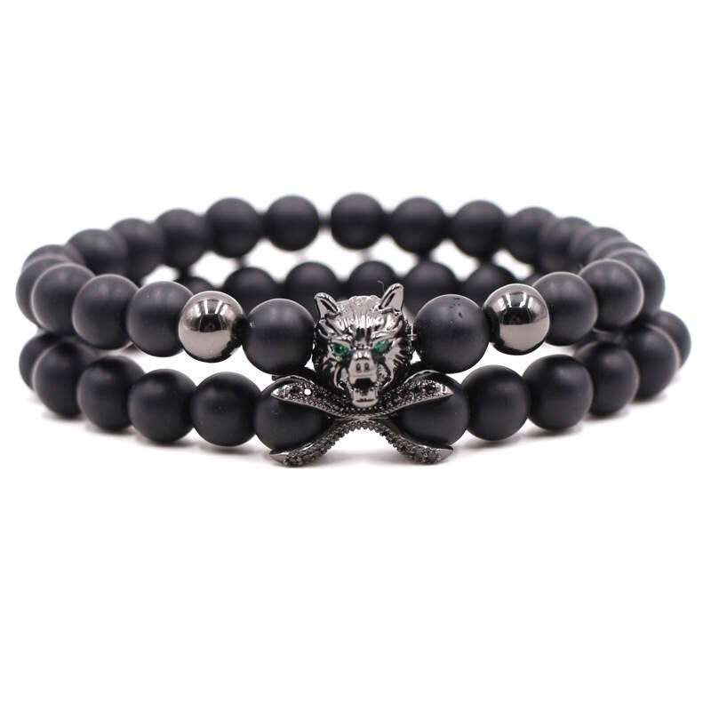 Argent Craft Natural Black Matte Agate Stone Bracelet with Wolf & Artifact