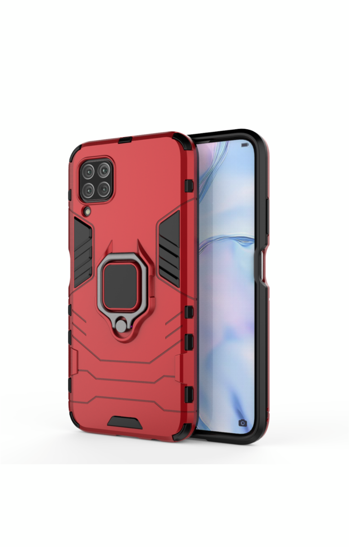 Huawei P40 Lite Shockproof Black Panther Magnetic Ring Stand Cover - Red