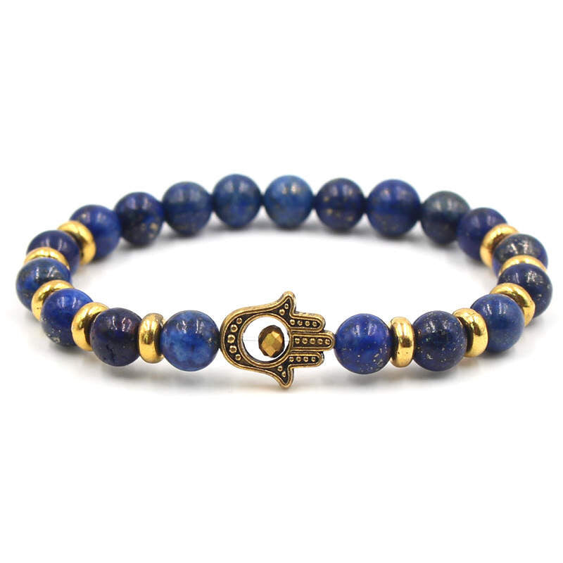 Argent Craft Natural Lapis Lazuli Bracelet with Hamsa Hand (Gold)