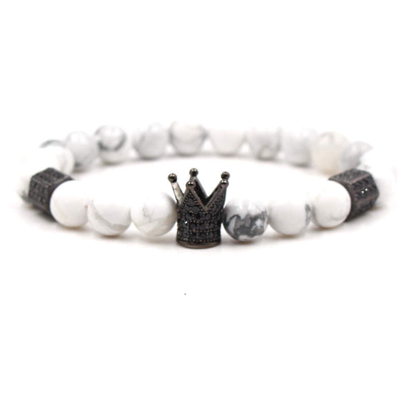 Argent Craft Natural White Howlite Stone Bracelet with Crown (Black)