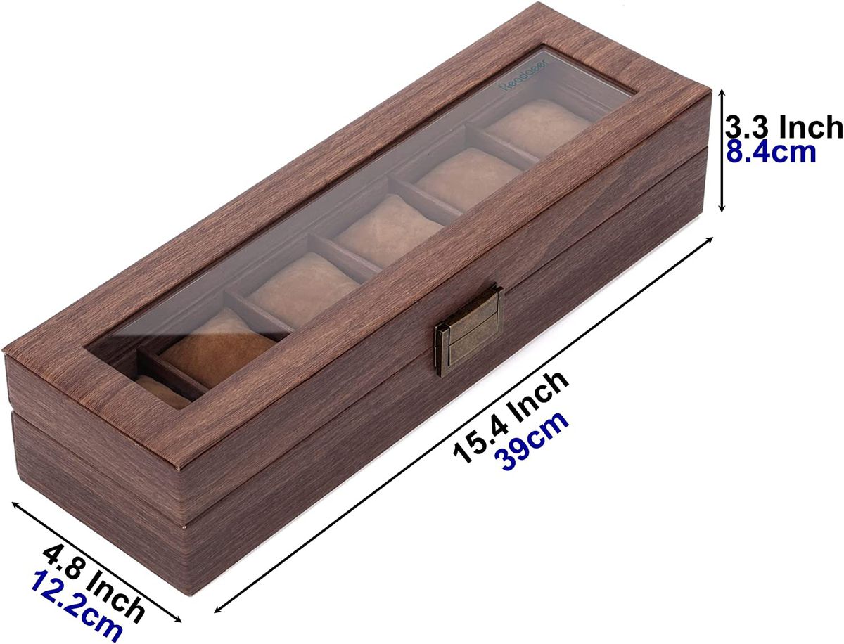 6 Slot Watch Box Organizer Wood-Look PU Leather with Glass Top