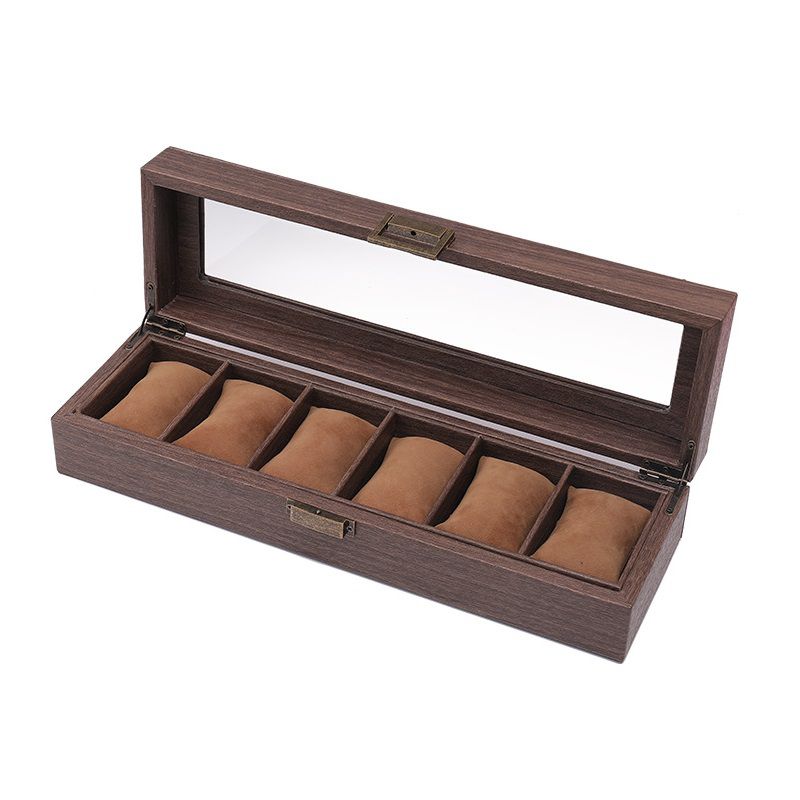 6 Slot Watch Box Organizer Wood-Look PU Leather with Glass Top