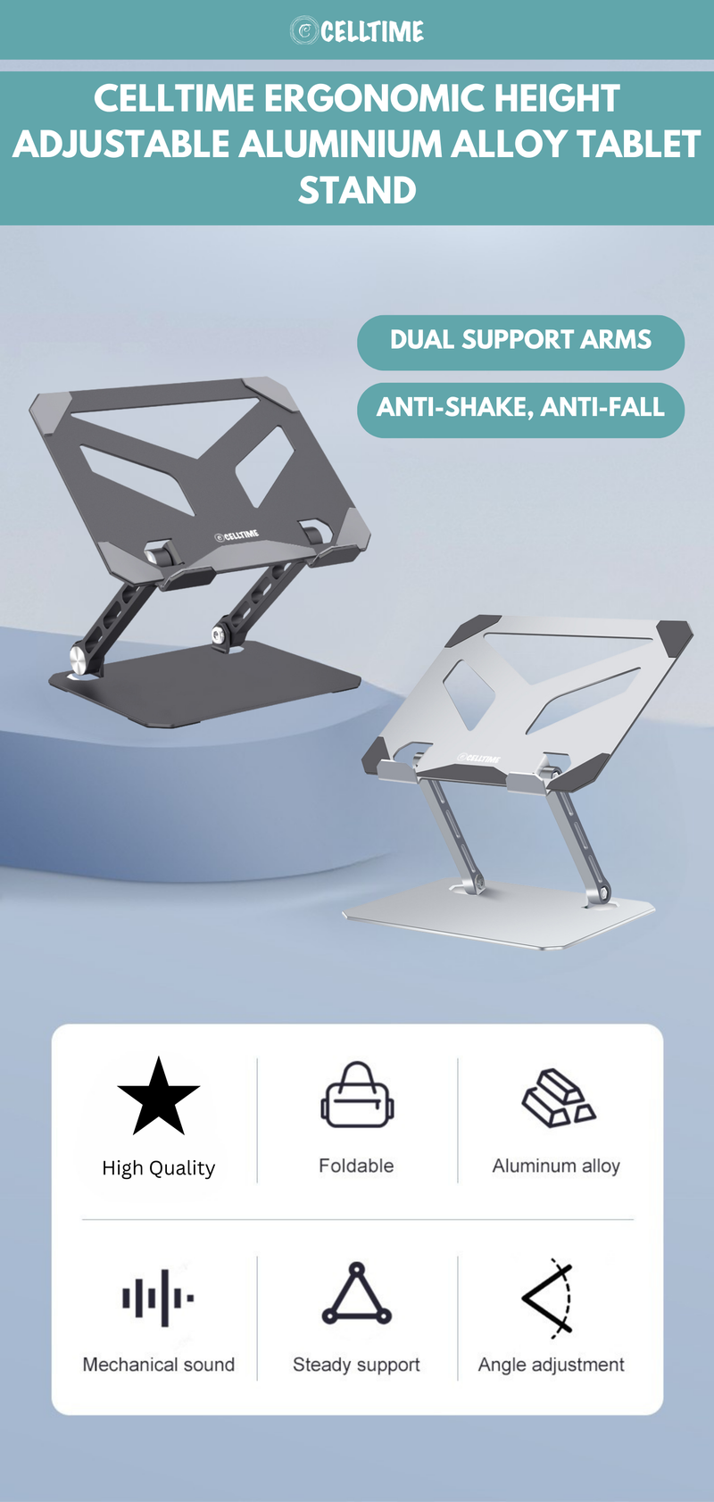 Tablet Aging Rack CellTime Ergonomic Height Angle Adjustable Aluminium Tablet Stand