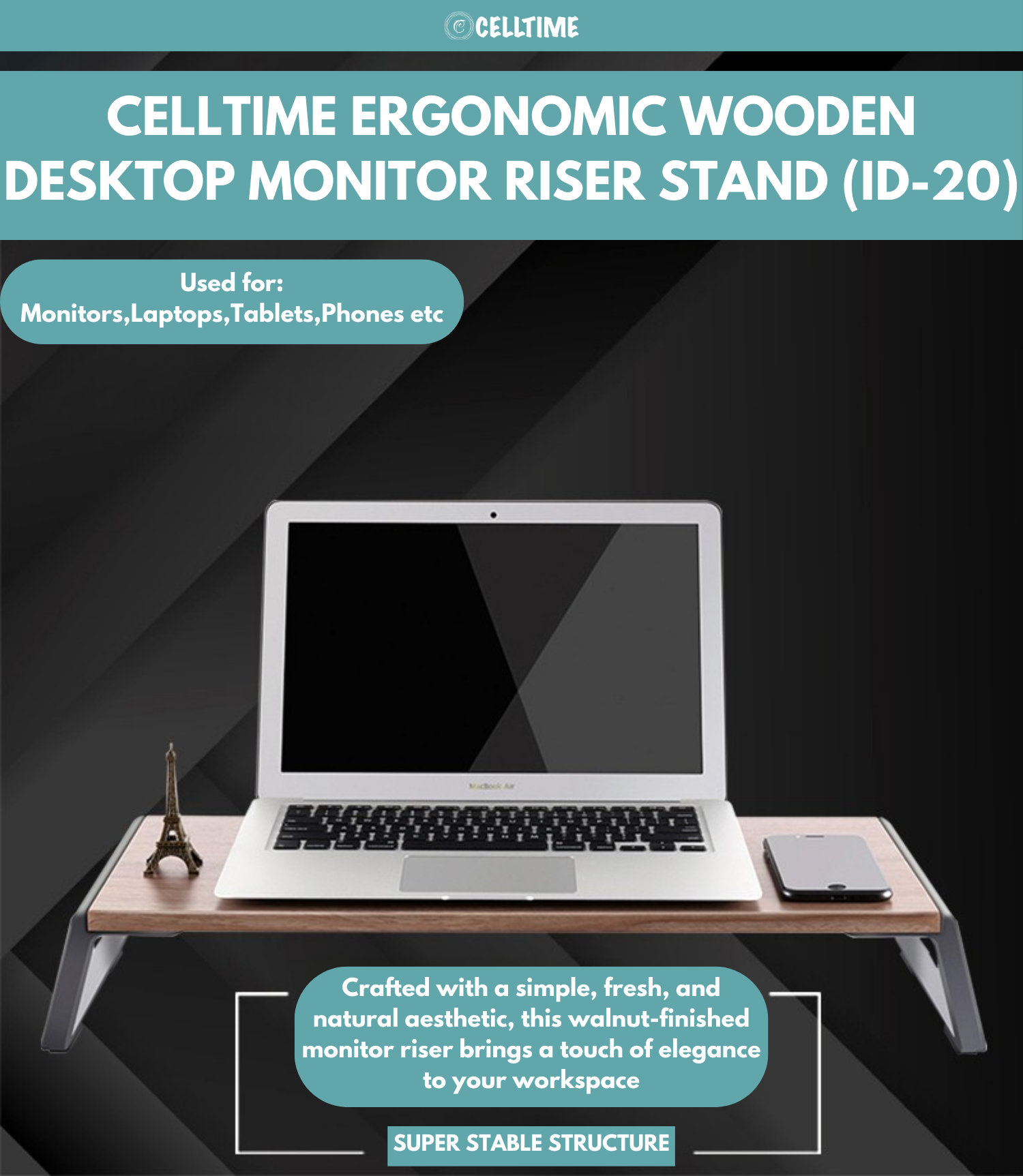 CellTime Multifunctional Ergonomic Wooden Desktop Monitor Riser Stand