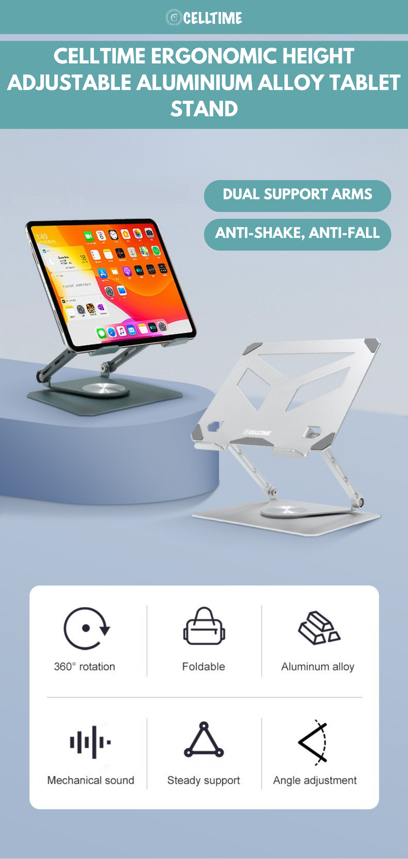 Alignment Rack Tablet CellTime Ergonomic Height Angle Adjustable Aluminium Tablet Stand
