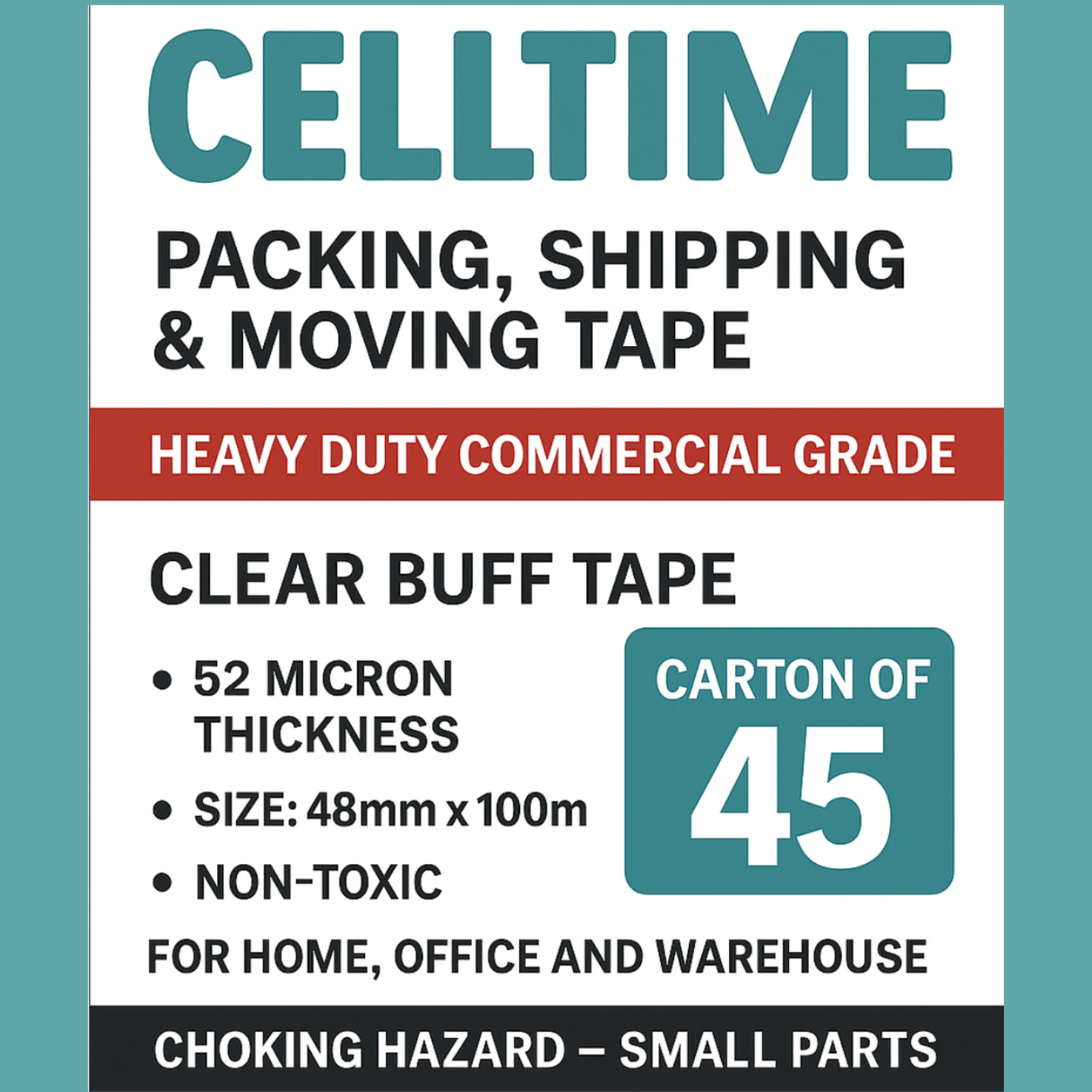 CellTime Heavy-Duty Clear Packaging Buff Tape (48mm x 100m) - 45 Rolls