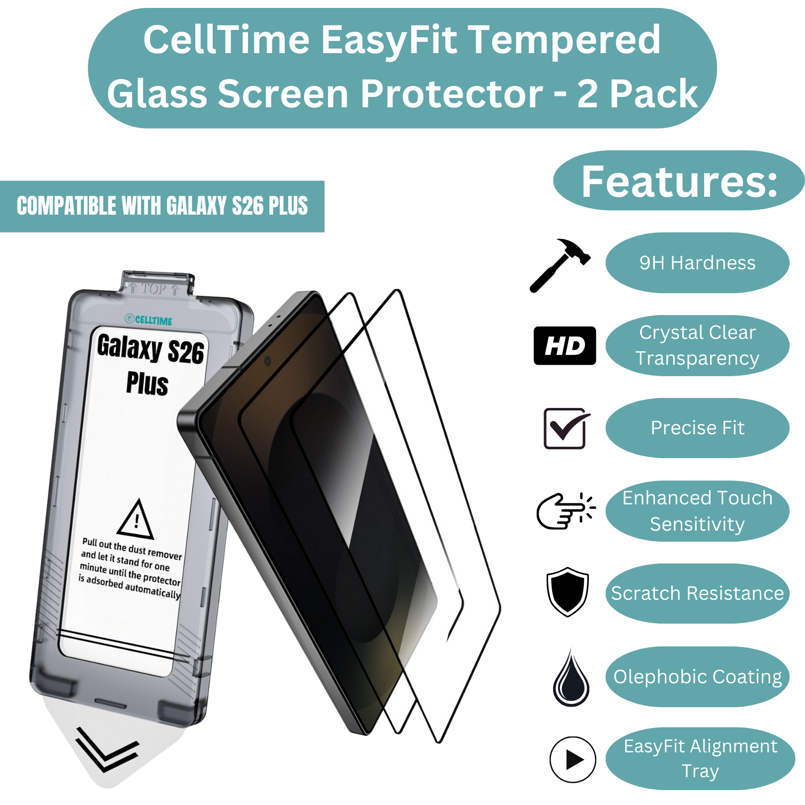 CellTime EasyFit Screen Protector for Galaxy S26 Plus - 2 Pack