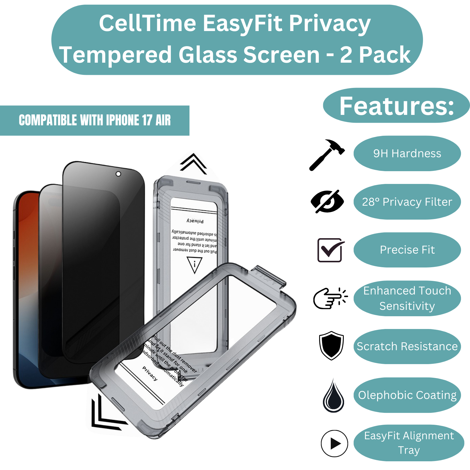CellTime EasyFit Privacy Screen Protector for iPhone 17 Air -2 Pack