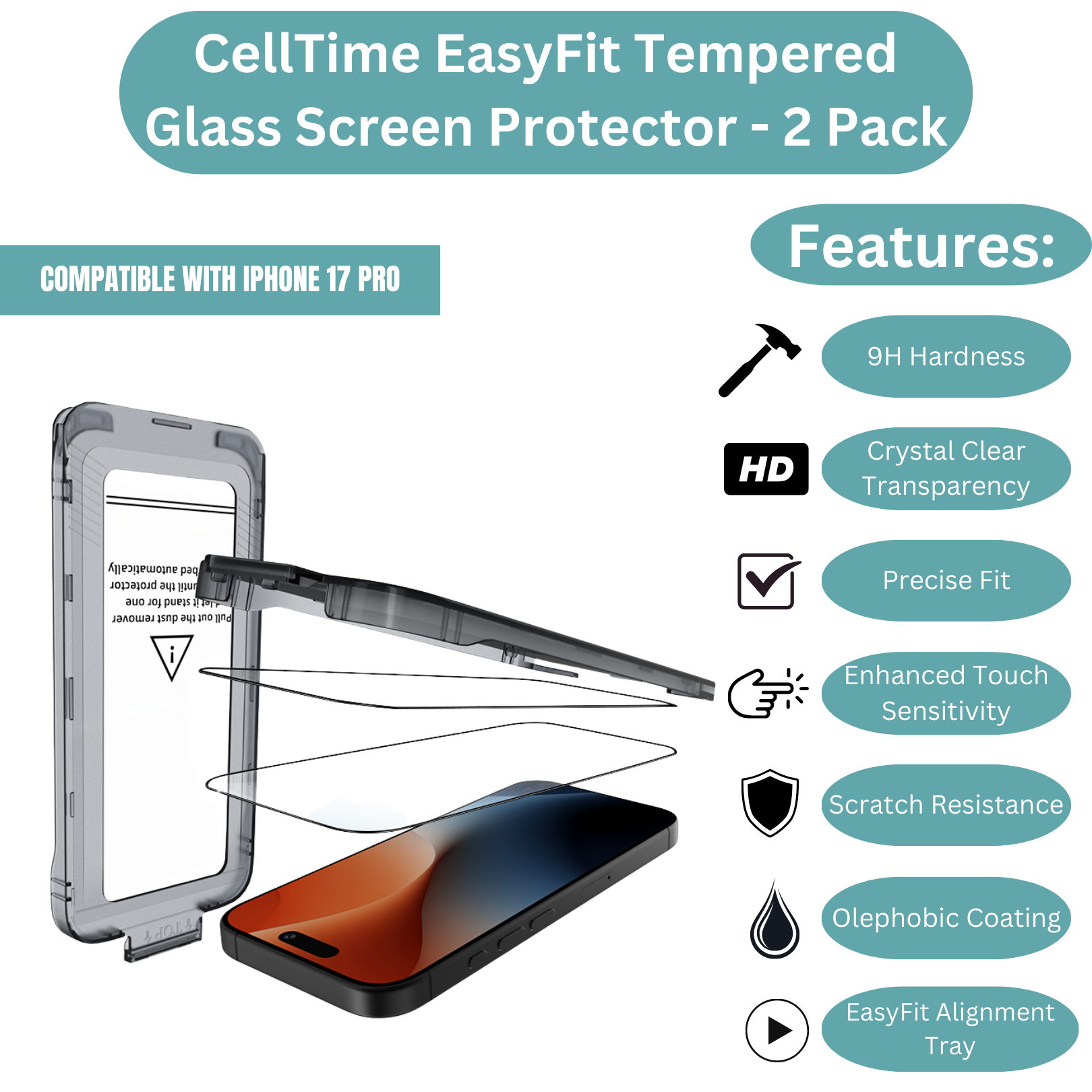 CellTime EasyFit Screen Protector for iPhone 17 Pro - 2 Pack