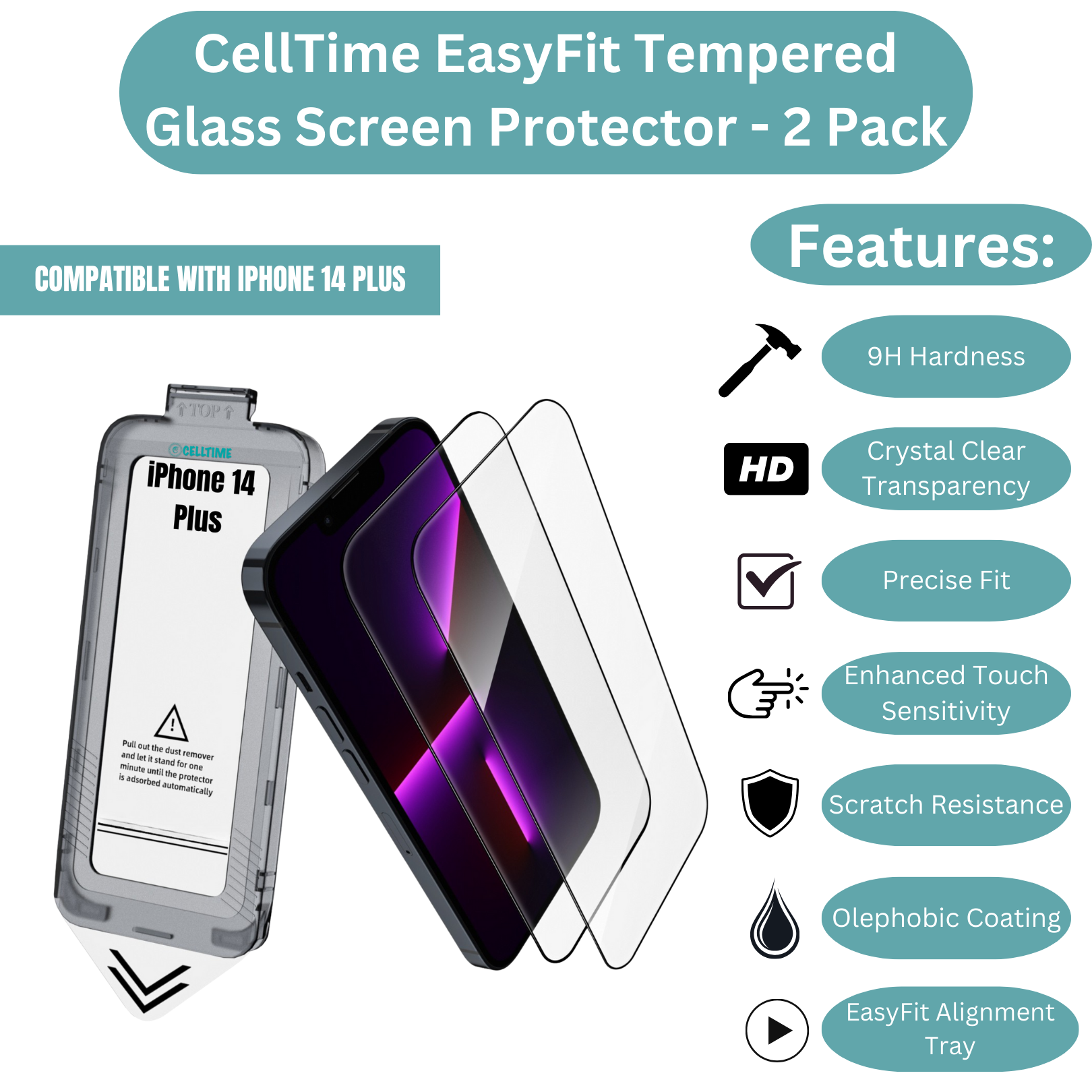 CellTime EasyFit Screen Protector for iPhone 14 Plus - 2 Pack