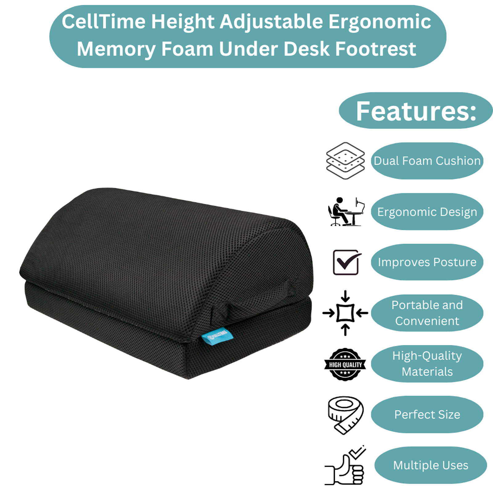 CellTime Height Adjustable Ergonomic Memory Foam Under Desk Footrest