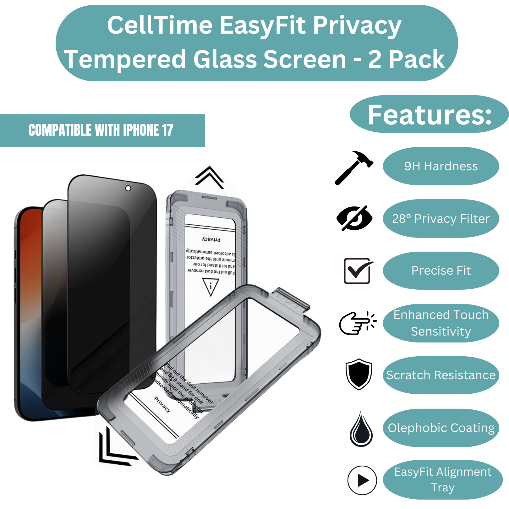 CellTime EasyFit Privacy Screen Protector for iPhone 17 - 2 Pack