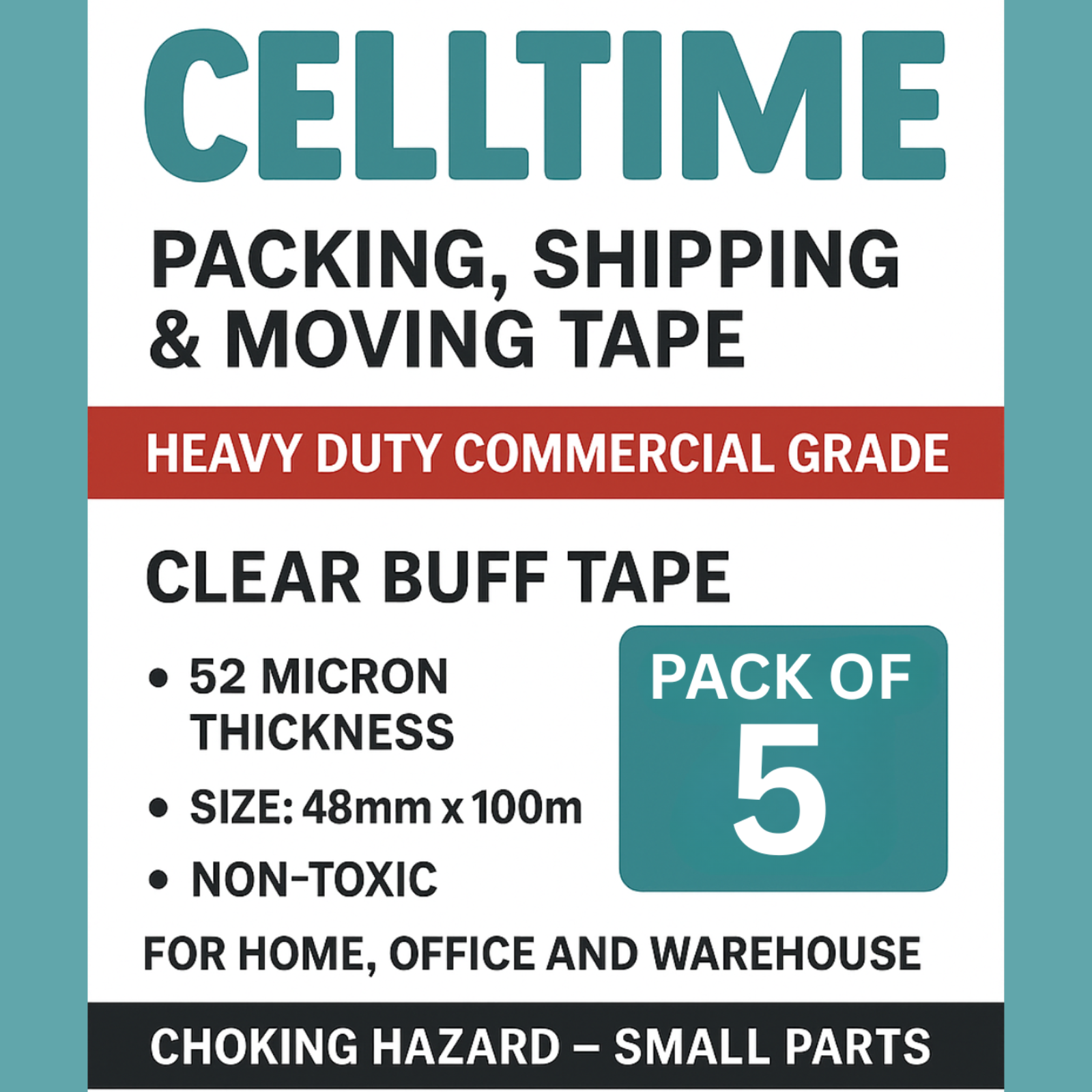 CellTime Heavy-Duty Clear Packaging Buff Tape (48mm x 100m) - 5 Rolls