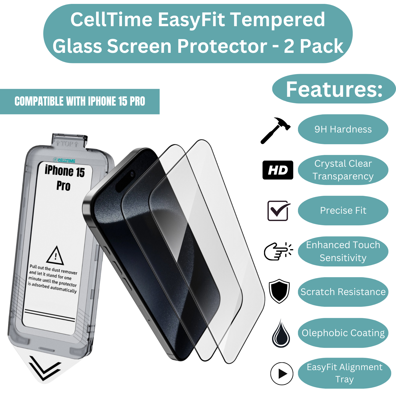 CellTime EasyFit Screen Protector for iPhone 15 Pro - 2 Pack