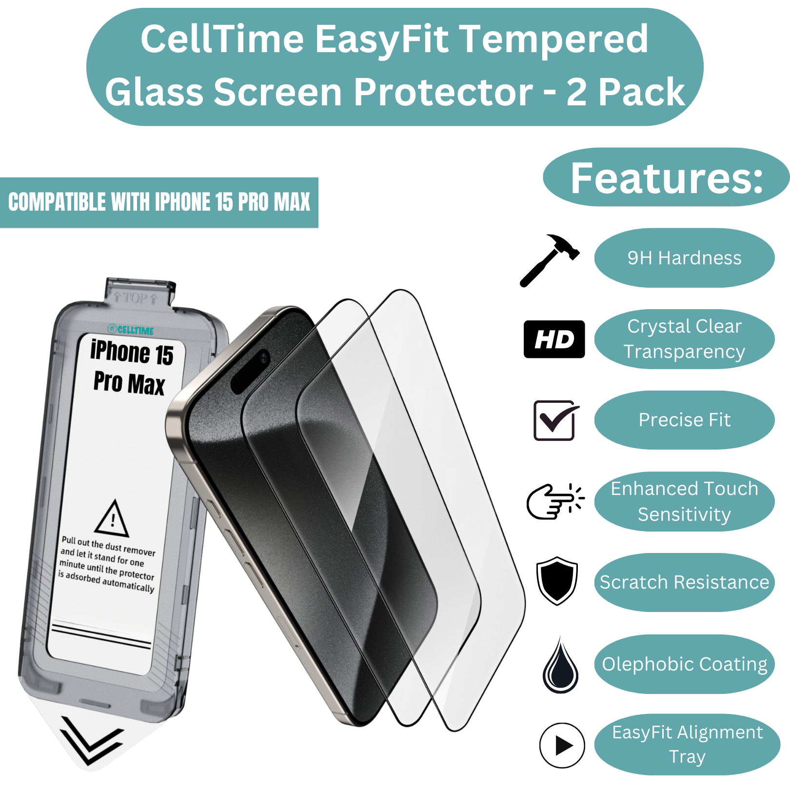 CellTime EasyFit Screen Protector for iPhone 15 Pro Max -2 Pack
