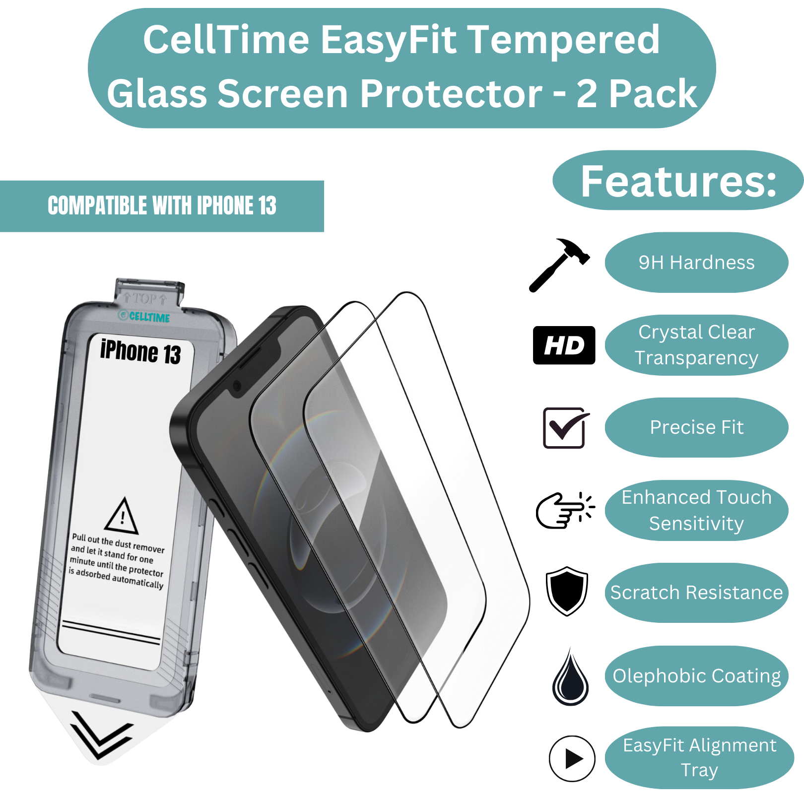 CellTime EasyFit Screen Protector for iPhone 13 - 2 Pack