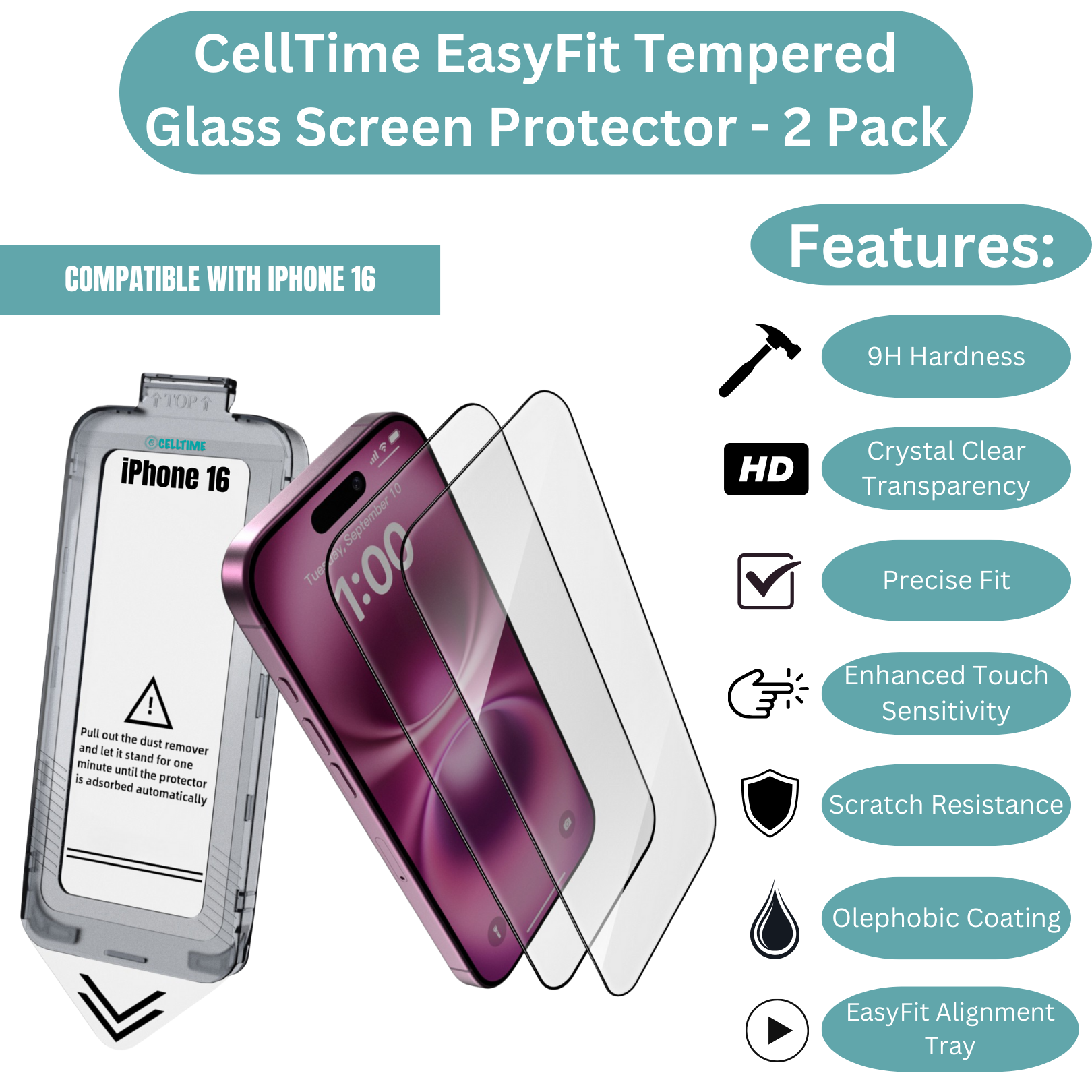 CellTime EasyFit Screen Protector for iPhone 16 - 2 Pack