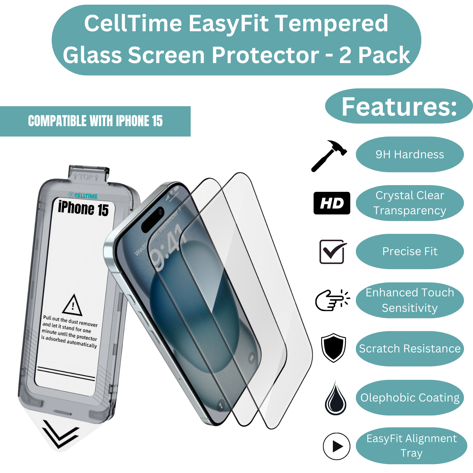 CellTime EasyFit Screen Protector for iPhone 15 - 2 Pack