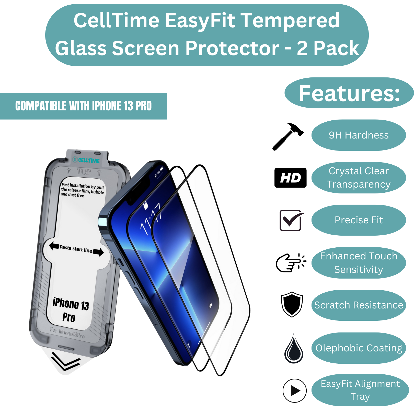 CellTime EasyFit Screen Protector for iPhone 13 Pro - 2 Pack