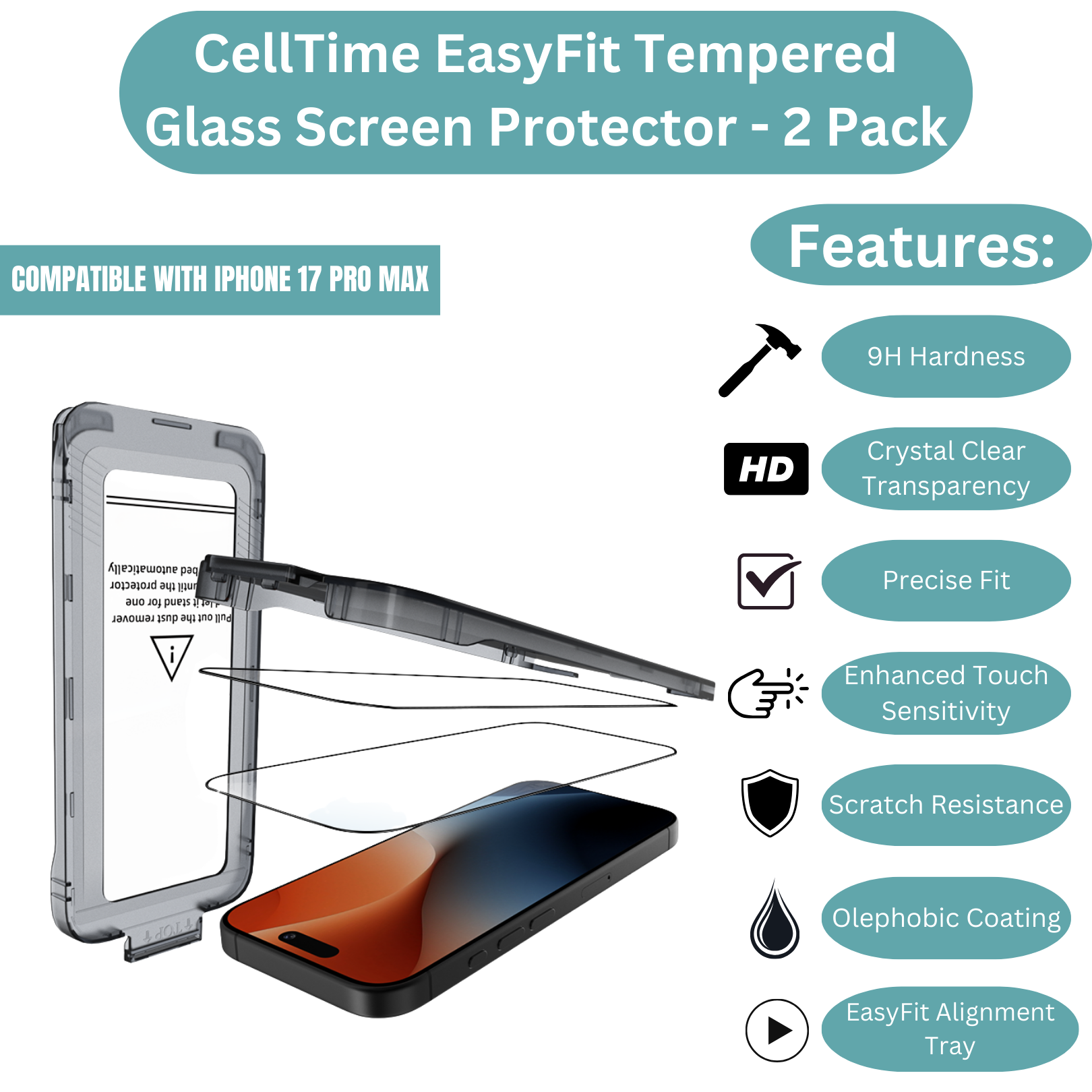 CellTime EasyFit Screen Protector for iPhone 17 Pro Max -2 Pack