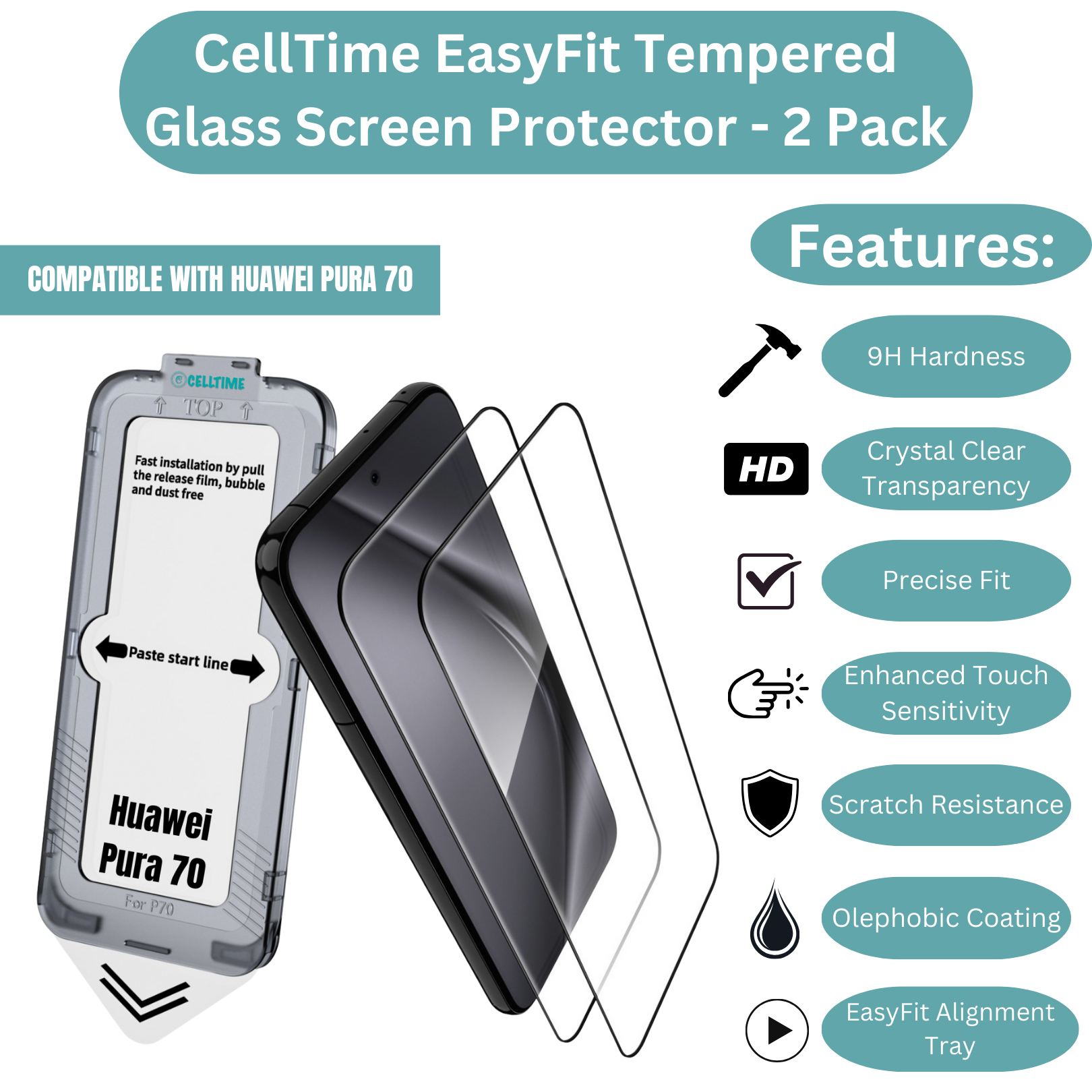 CellTime EasyFit Screen Protector for Huawei Pura 70 - 2 Pack