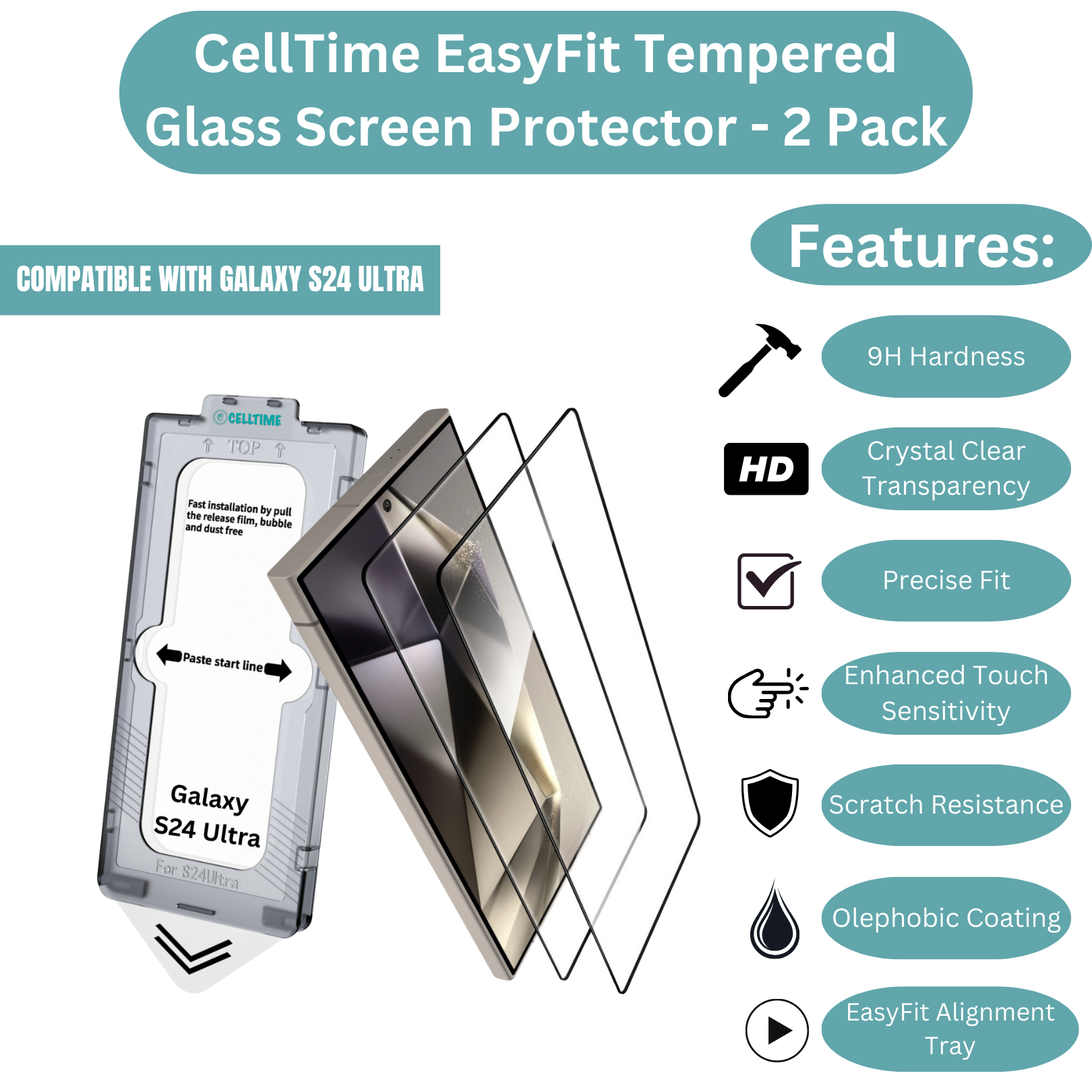 CellTime EasyFit Screen Protector for Galaxy S24 Ultra - 2 Pack