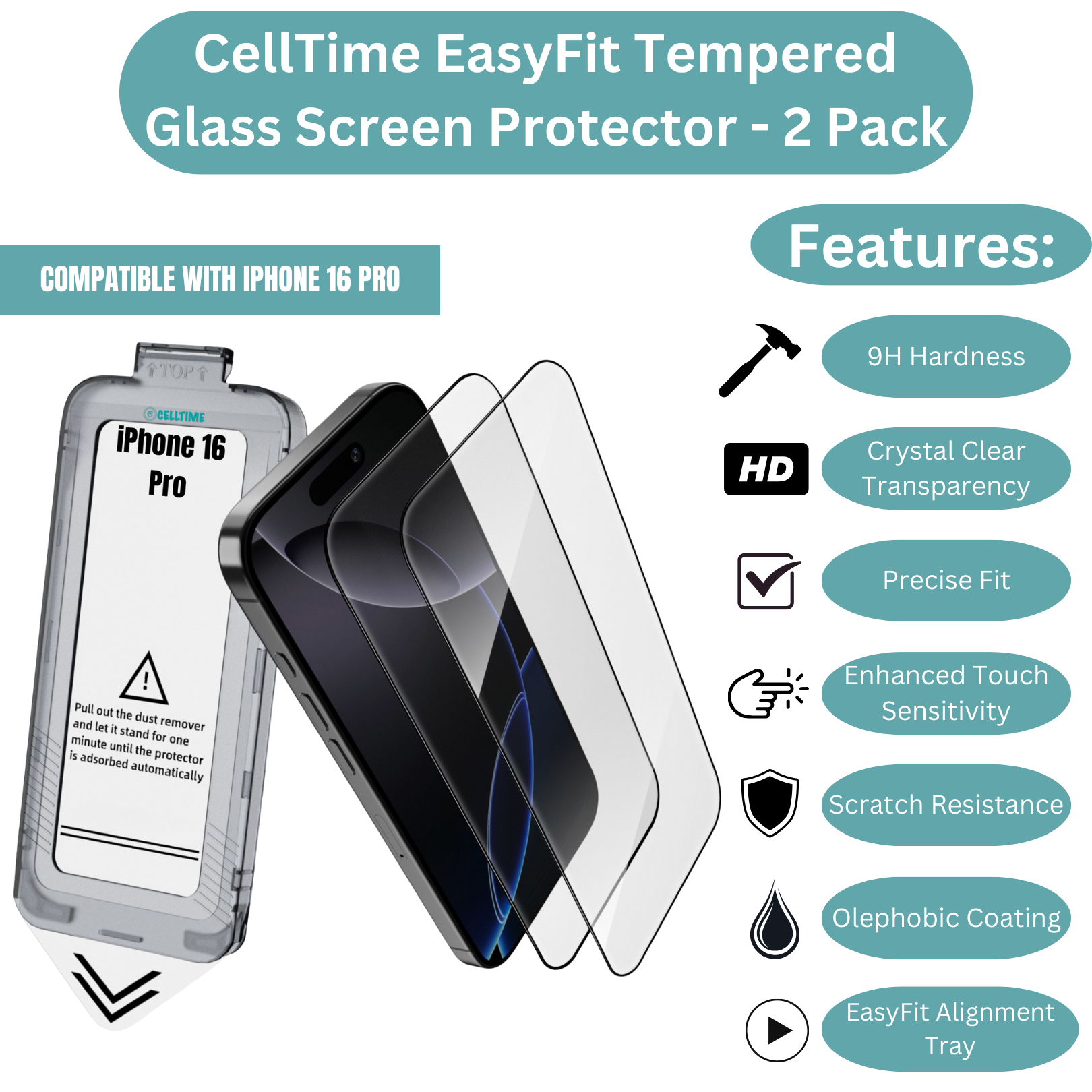 CellTime EasyFit Screen Protector for iPhone 16 Pro - 2 Pack