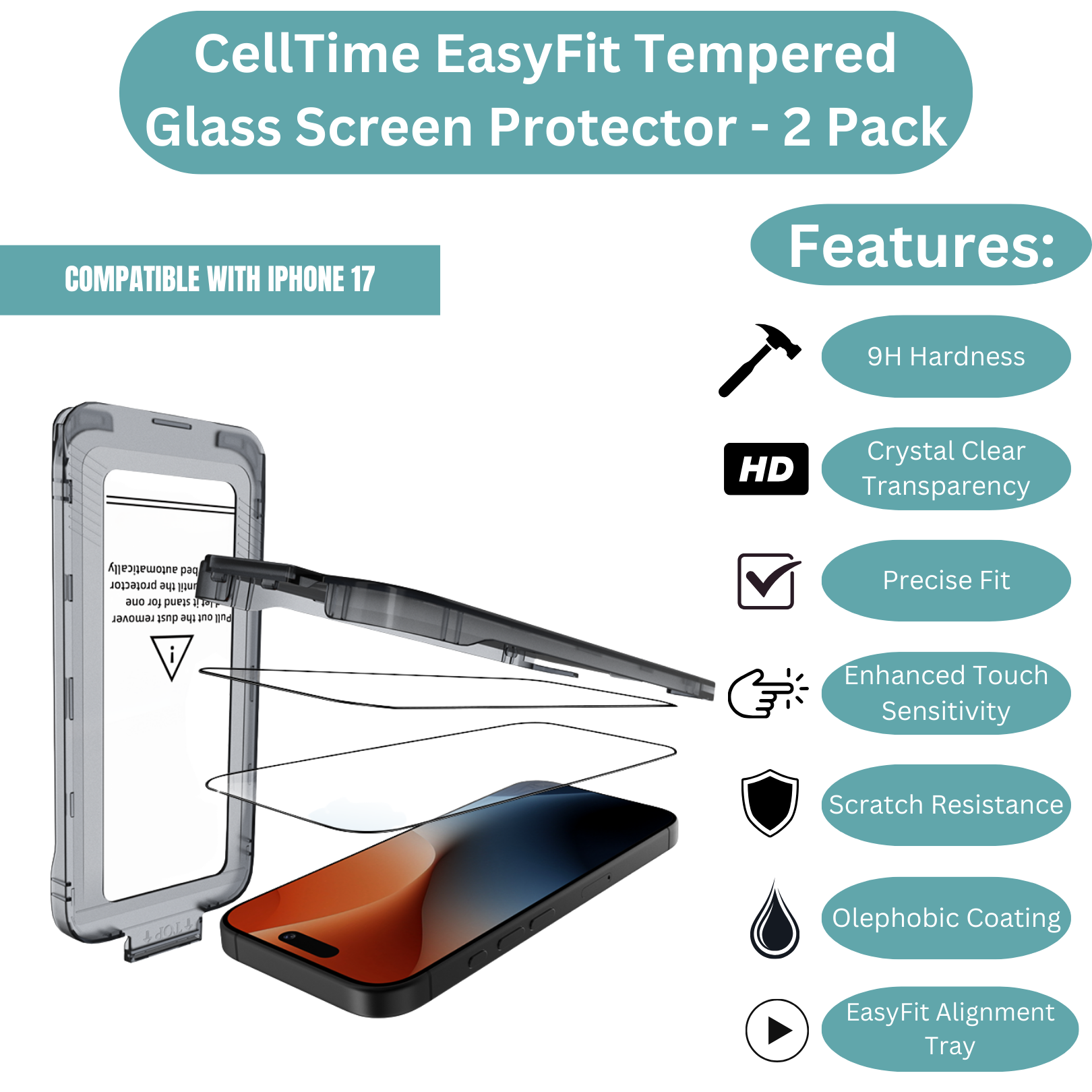 CellTime EasyFit Screen Protector for iPhone 17 - 2 Pack