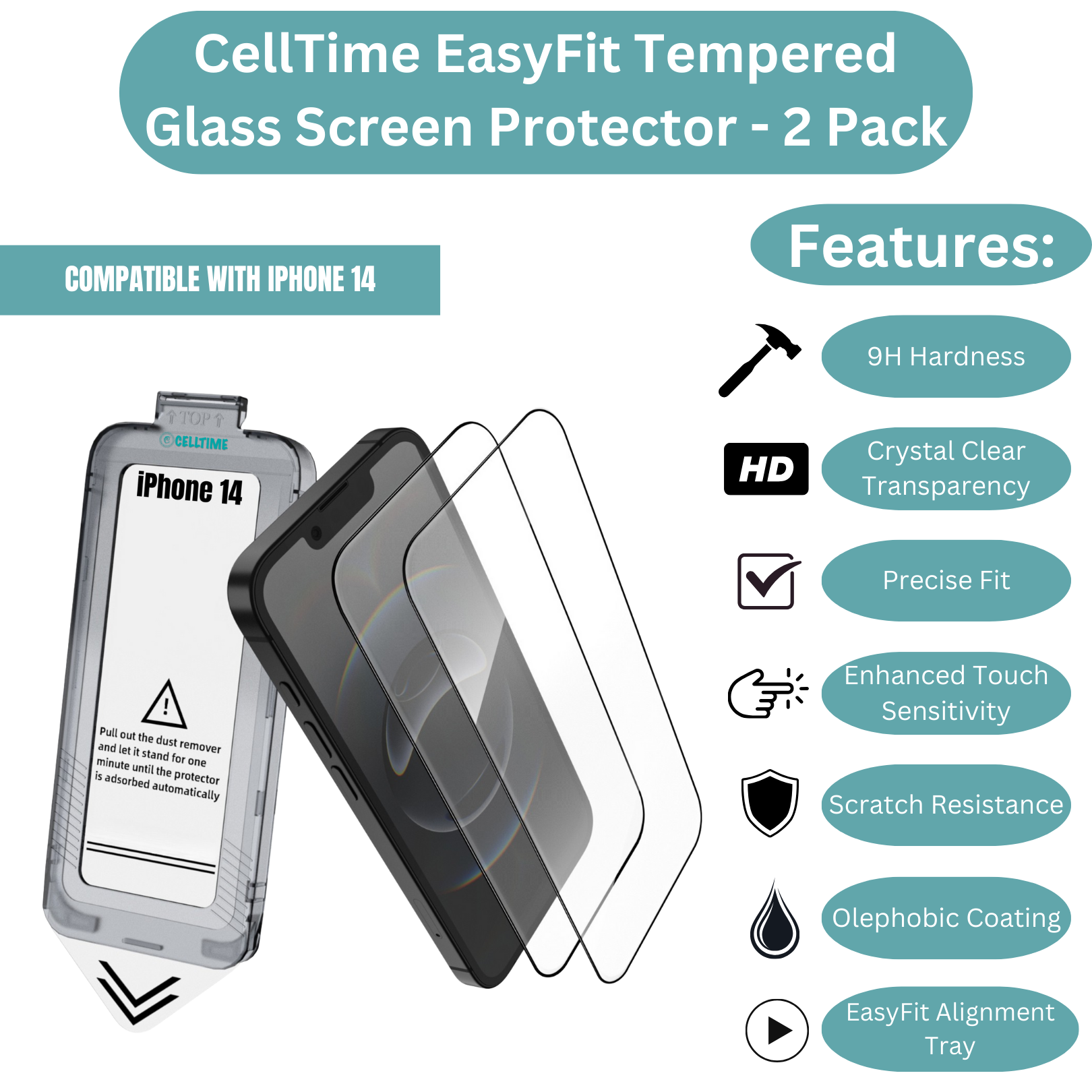 CellTime EasyFit Screen Protector for iPhone 14 - 2 Pack