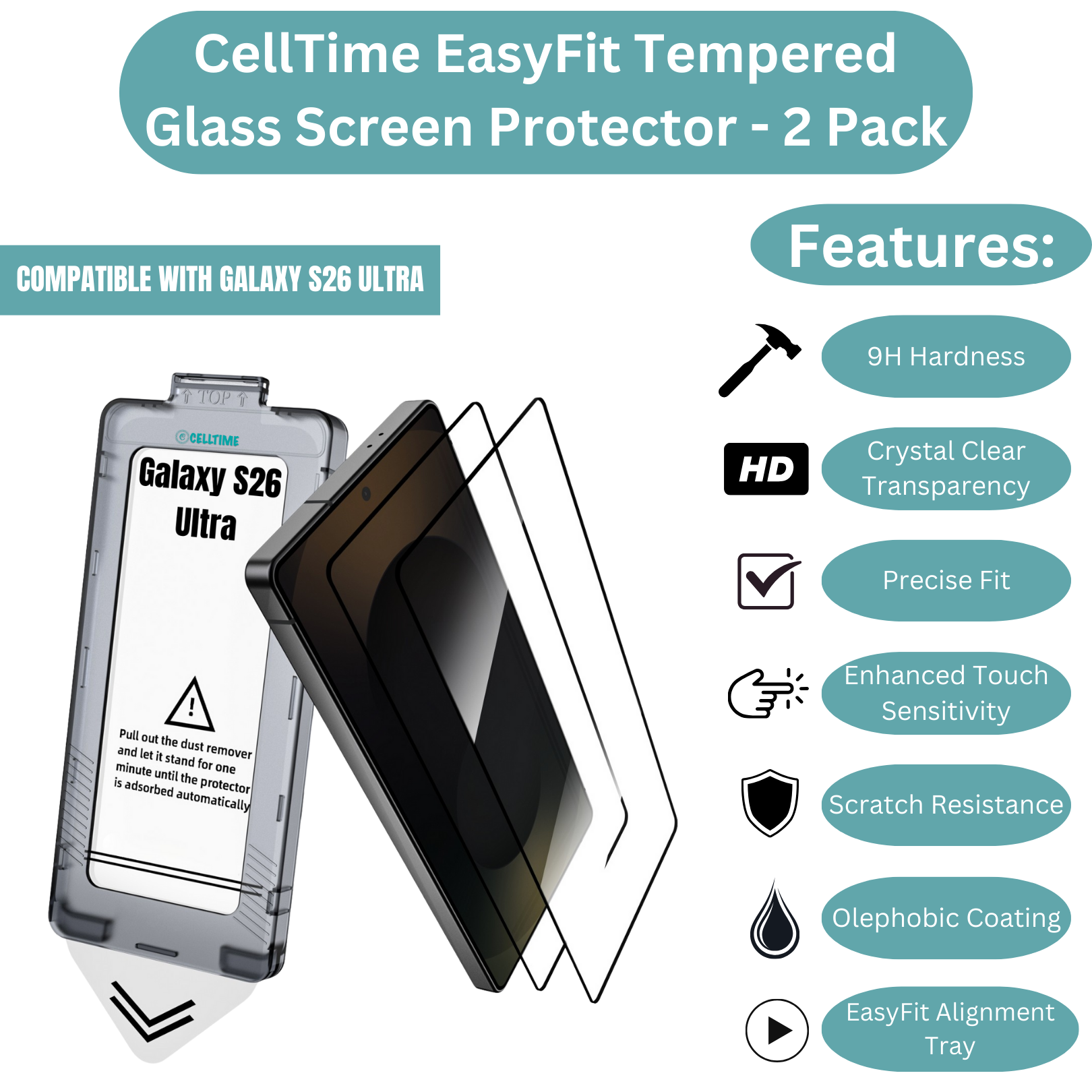 CellTime EasyFit Screen Protector for Galaxy S26 Ultra - 2 Pack