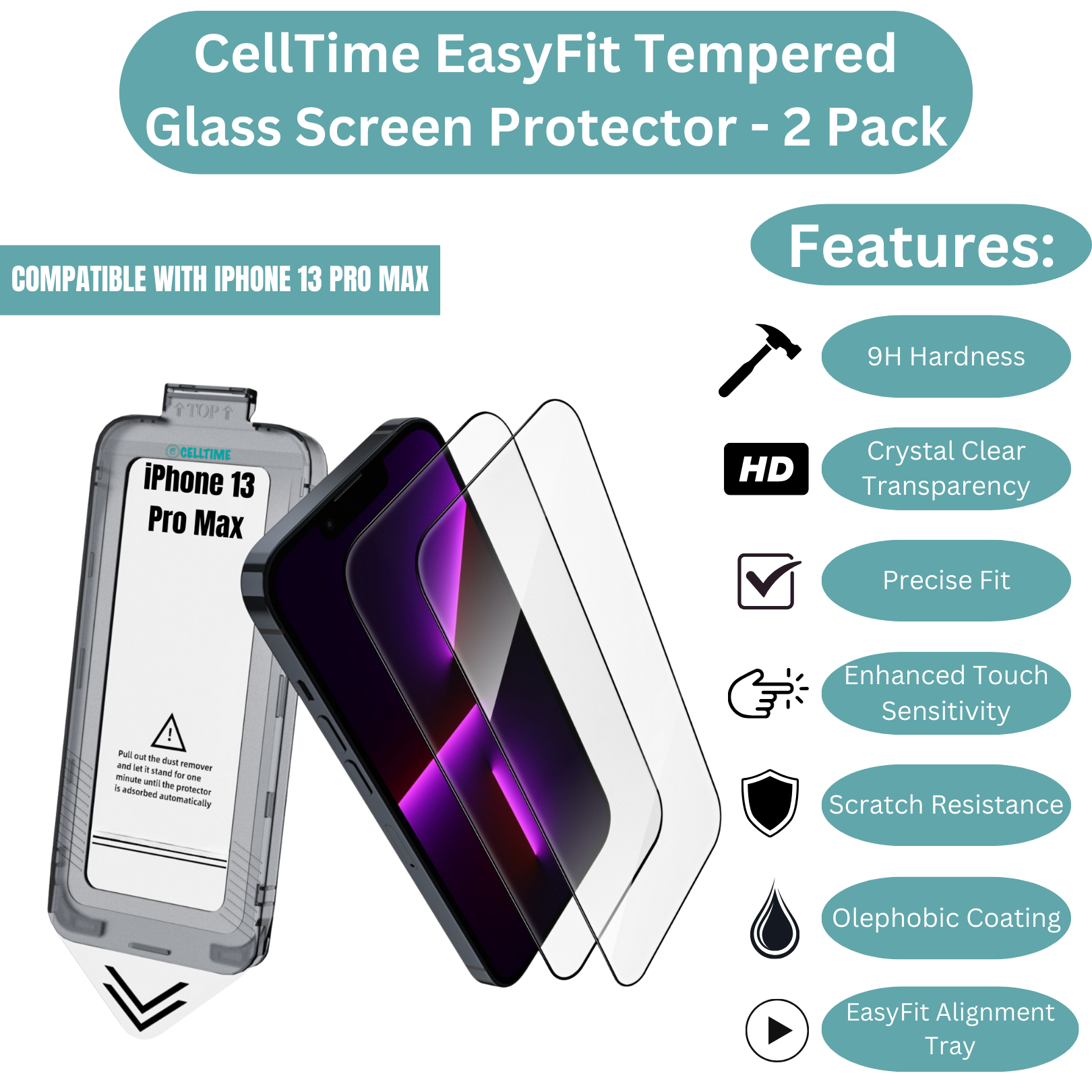 CellTime EasyFit Screen Protector for iPhone 13 Pro Max -2 Pack