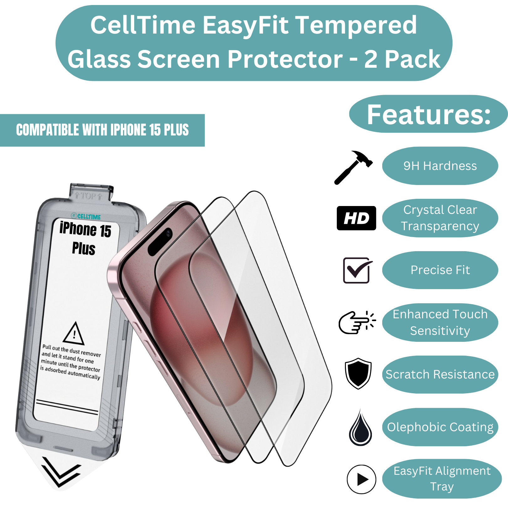 CellTime EasyFit Screen Protector for iPhone 15 Plus - 2 Pack