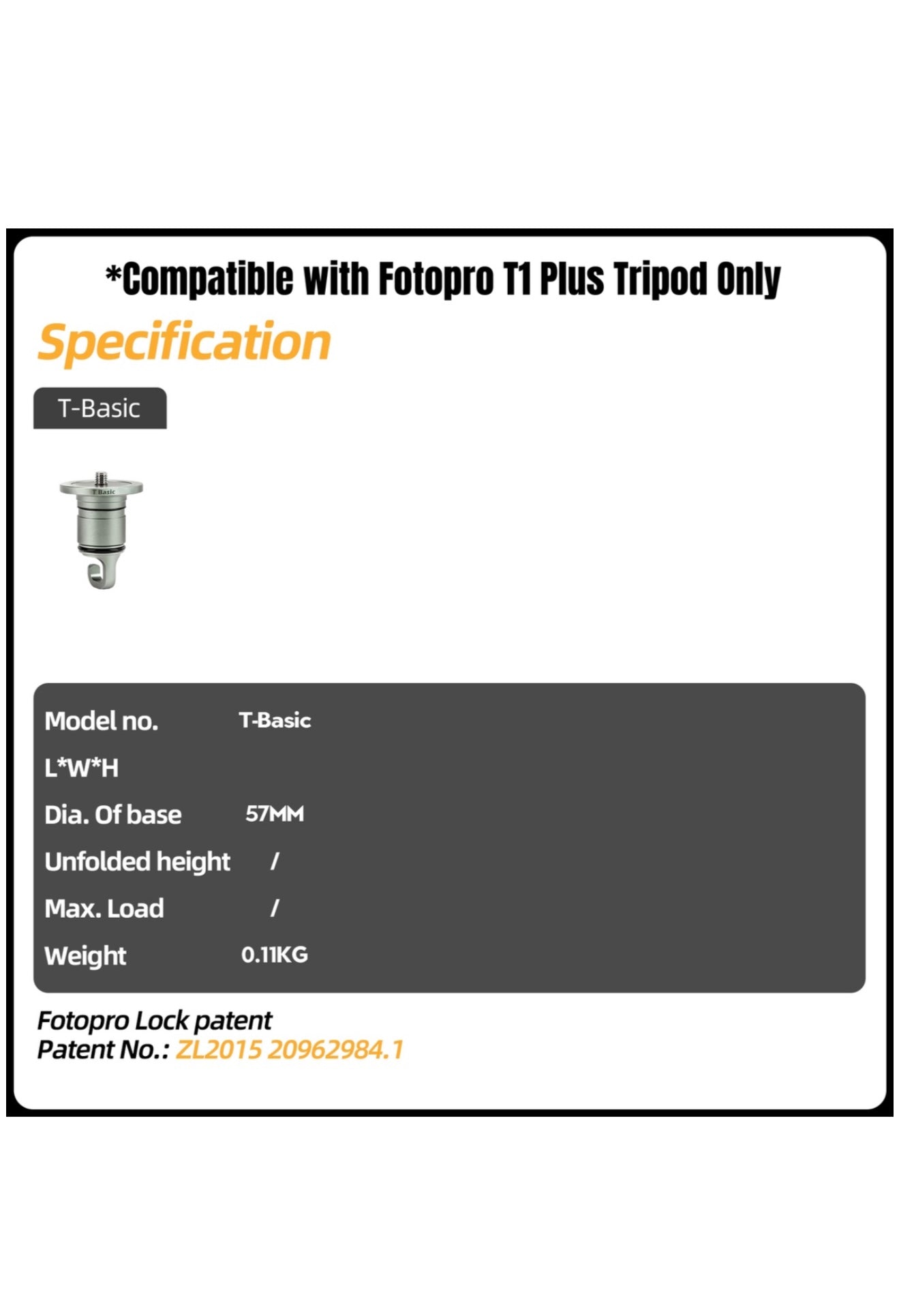 Fotopro T-Basic Lightweight Centre Column Compatible with Fotopro T1 Plus Tripod