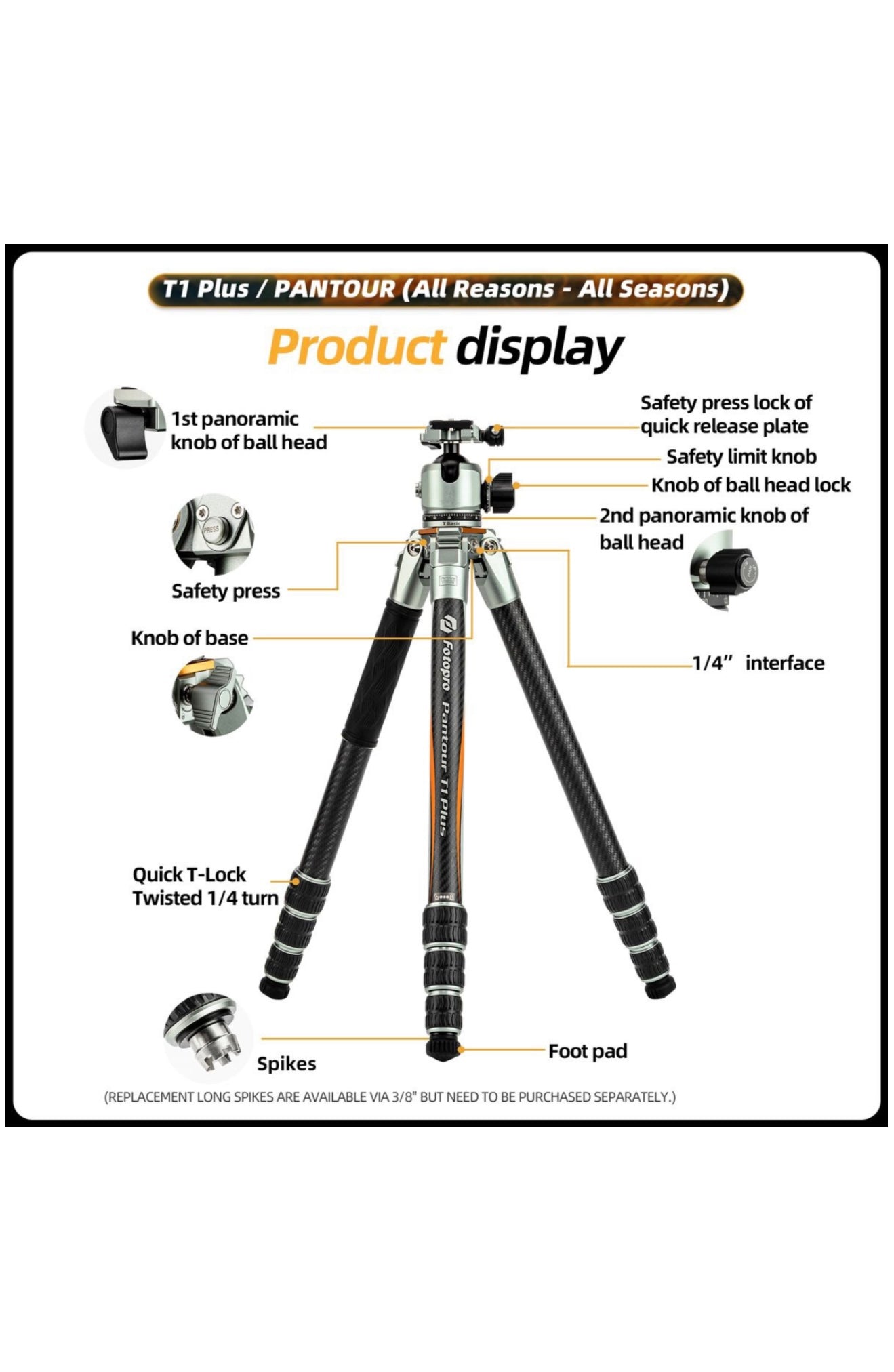 Fotopro Lightweight All Terrain Camera Tripod Stand - (T1 Plus+T-Bar+TH-1M)