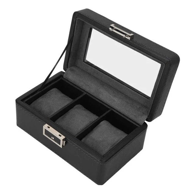 3 Slot Watch Box Organizer PU Leather With Glass Top