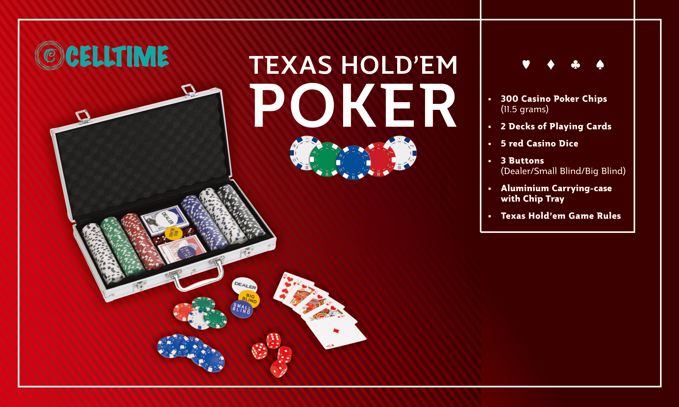 Poker Set 300 Pieces with Aluminum Case, 2 Decks of Cards, Dealer Button, 5 Dic