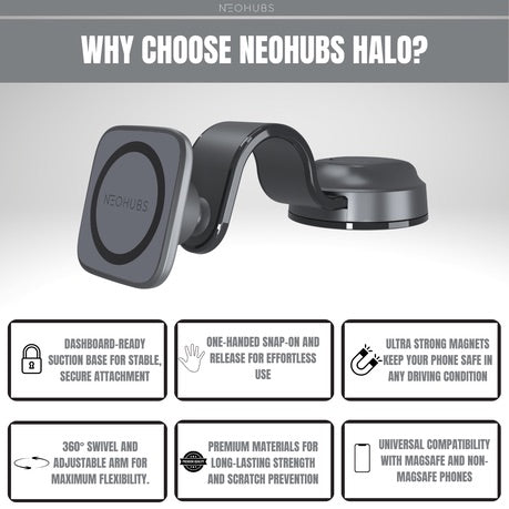 NEOHUBS Halo Adjustable Magnetic Dashboard Car Phone Holder Mount Stand