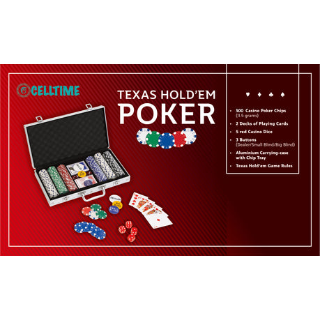 Poker Set 500 Pieces with Aluminum Case, 2 Decks of Cards, 5 Dice, Dealer B