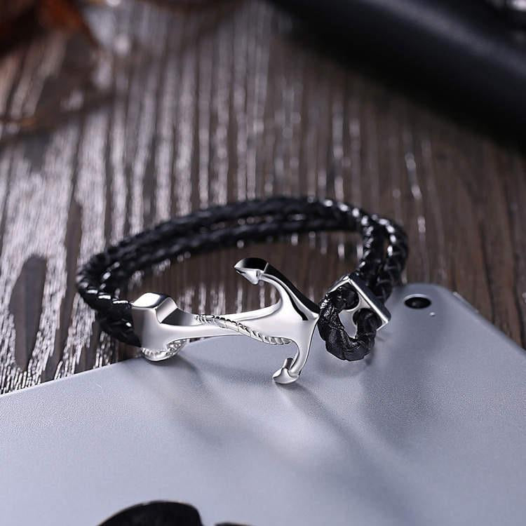 Argent Craft Double Layer Black Leather Anchor Bracelet (silver)