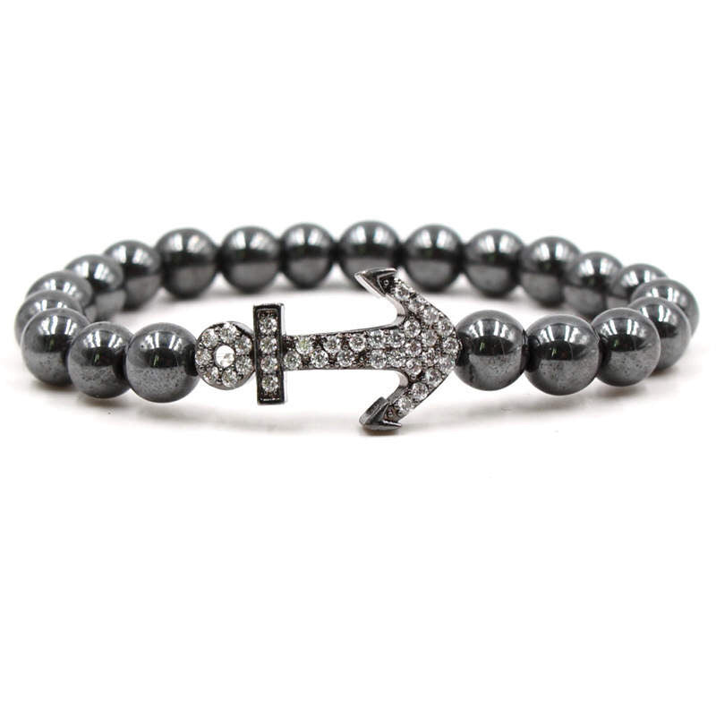 Argent Craft Natural Shiny Black Agate Stone With Black Anchor and Zirconia