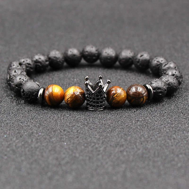 Argent Craft Lava Stone & 4 Tiger Eye Stone With Royal Crown Bracelet (Black)