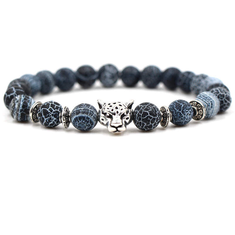 Argent Craft Natural Black & White Agate Stone Bracelet with Leopard Head(Silver)