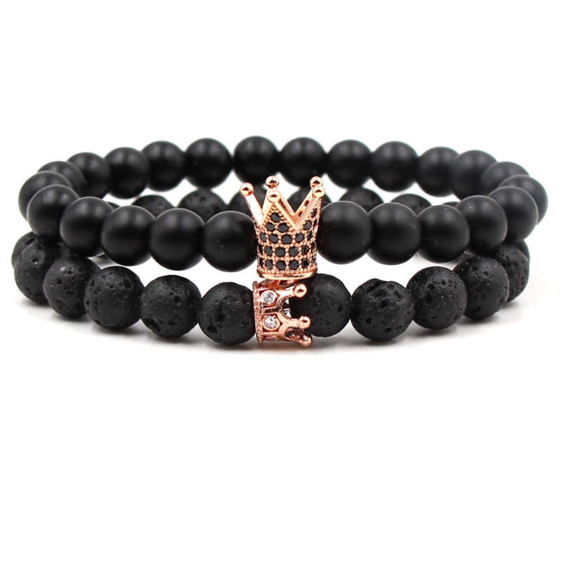 Argent Craft Natural Lava Stone & Black Matte Agate Stone Couples Bracelet with King and Queen Crown With Zirconia (Rose Gold)