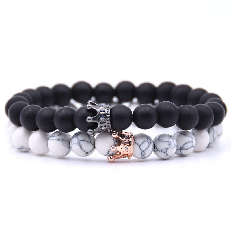 Argent Craft Natural White Howlite Stone & Black Matte Agate Stone Couples Bracelet with Crowns