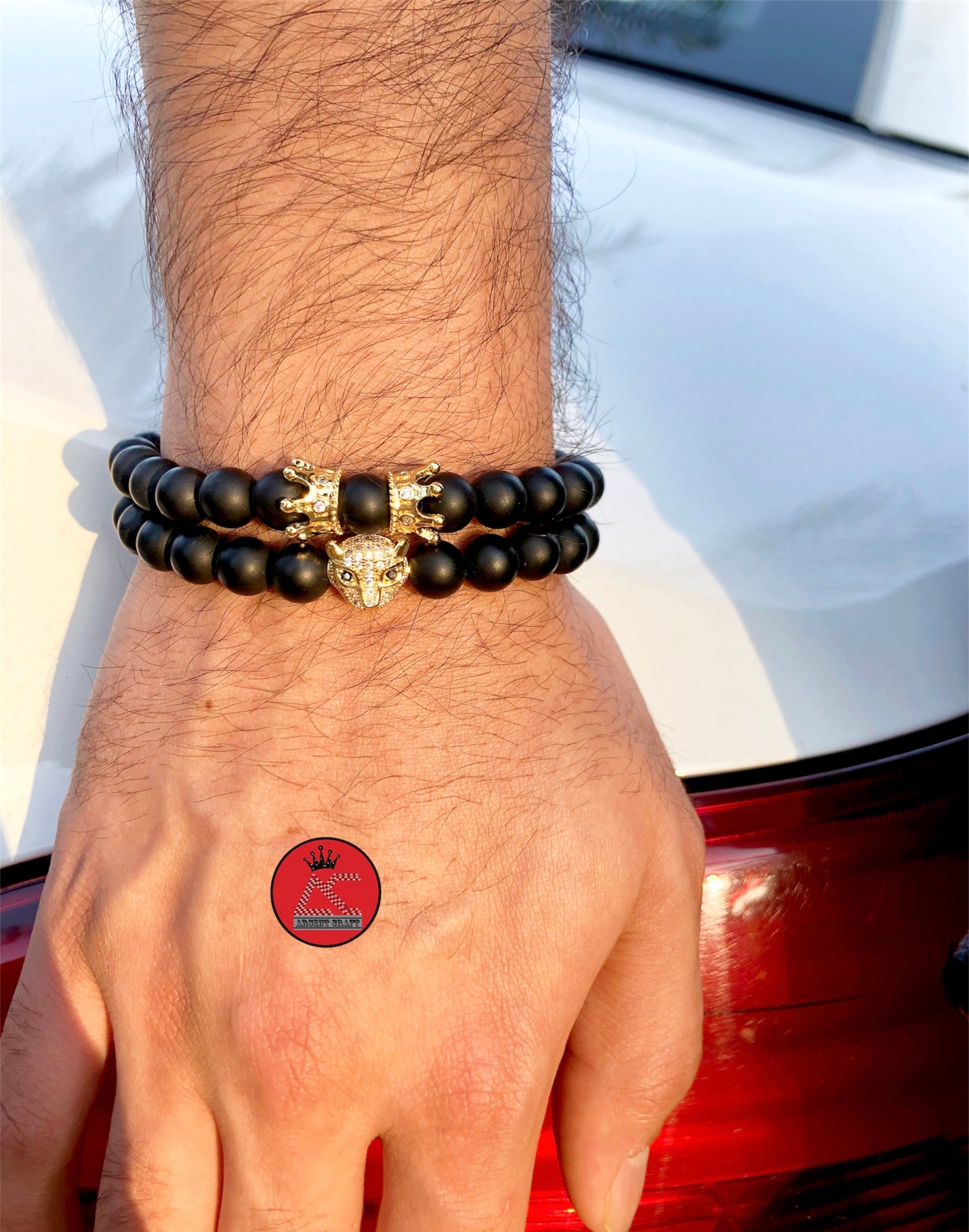 Argent Craft Natural Black Matte Agate Stone Bracelet with Crowns & Cheetah (Gold)